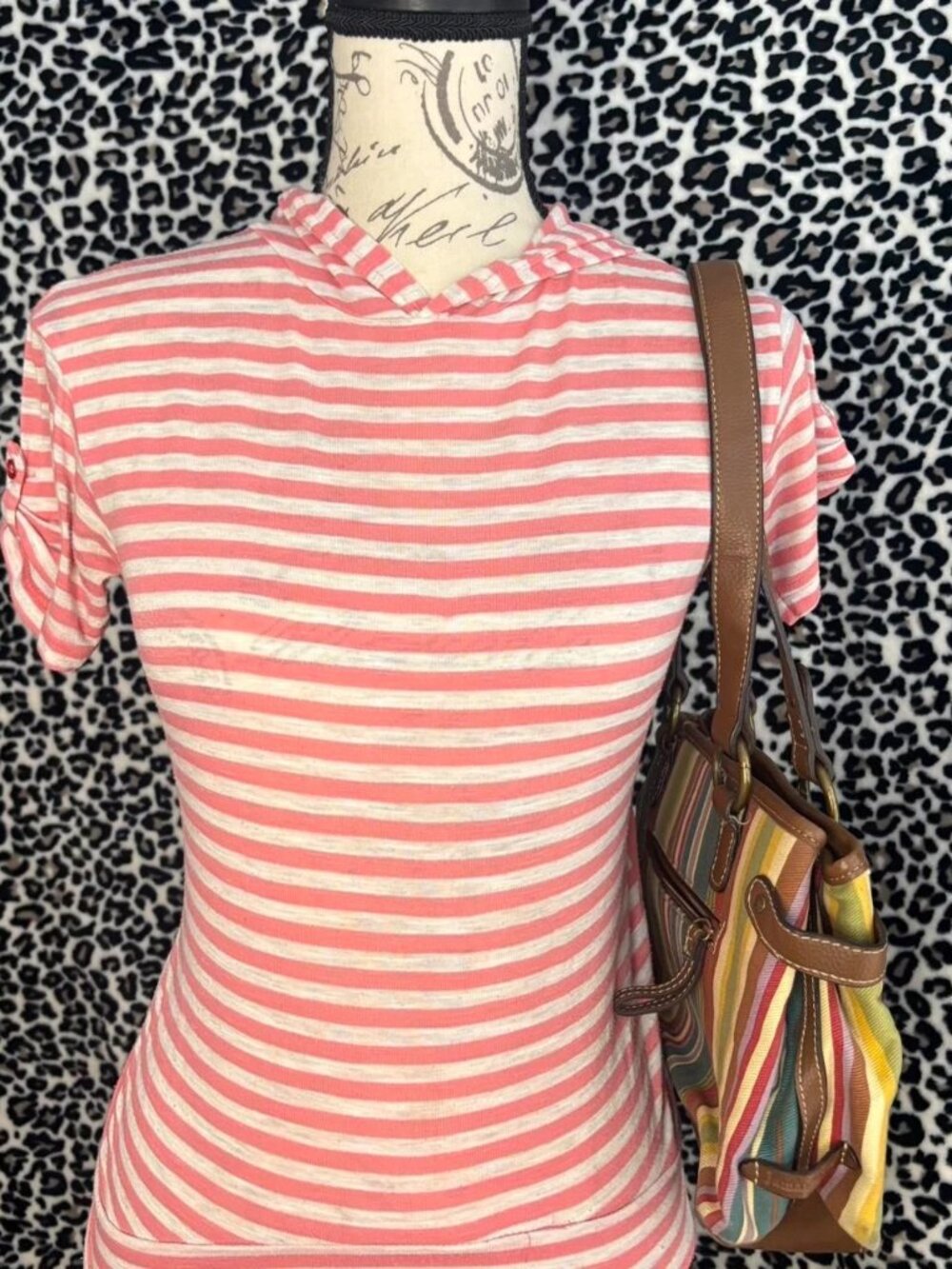 Y2K Pink & White Striped Hooded Baby Tee Fitted Short Sleeve Top